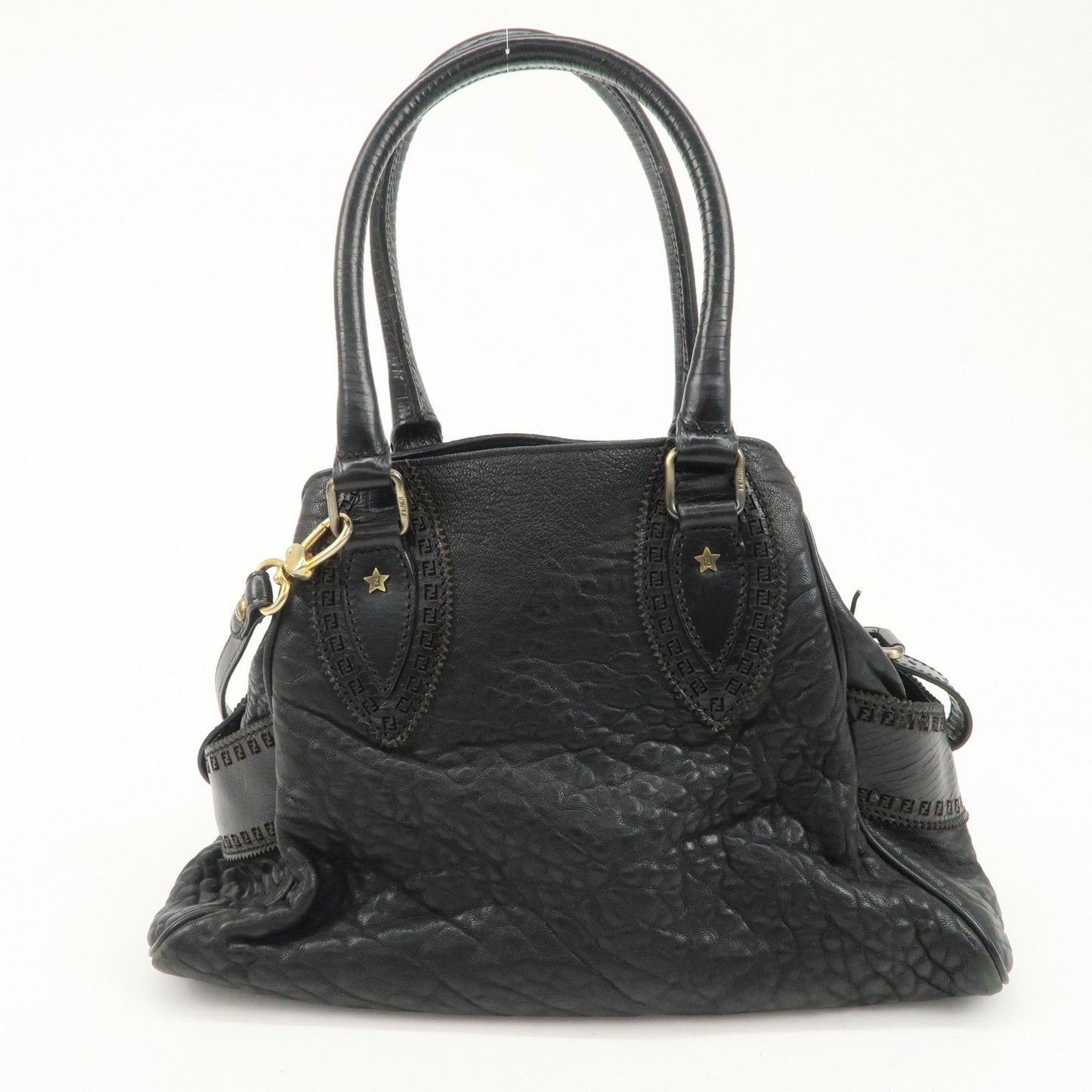 FENDI Ethnico Zucca Canvas Leather Shoulder Bag Black 8BN157