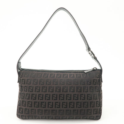 FENDI Zucchino Canvas Leather Shoulder Bag Dark Brown 8BR444