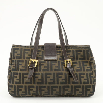 FENDI Zucca Canvas Leather Hand Bag Brown Black Gold Hardware