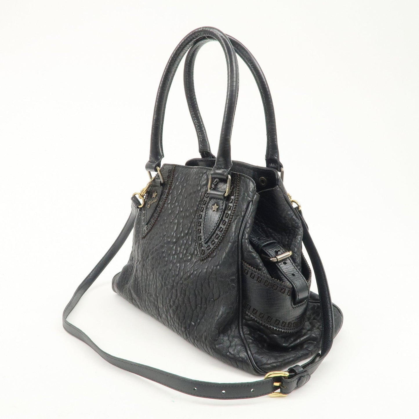 FENDI Ethnico Zucca Canvas Leather Shoulder Bag Black 8BN157