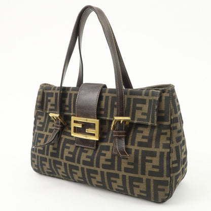 FENDI Zucca Canvas Leather Hand Bag Brown Black Gold Hardware