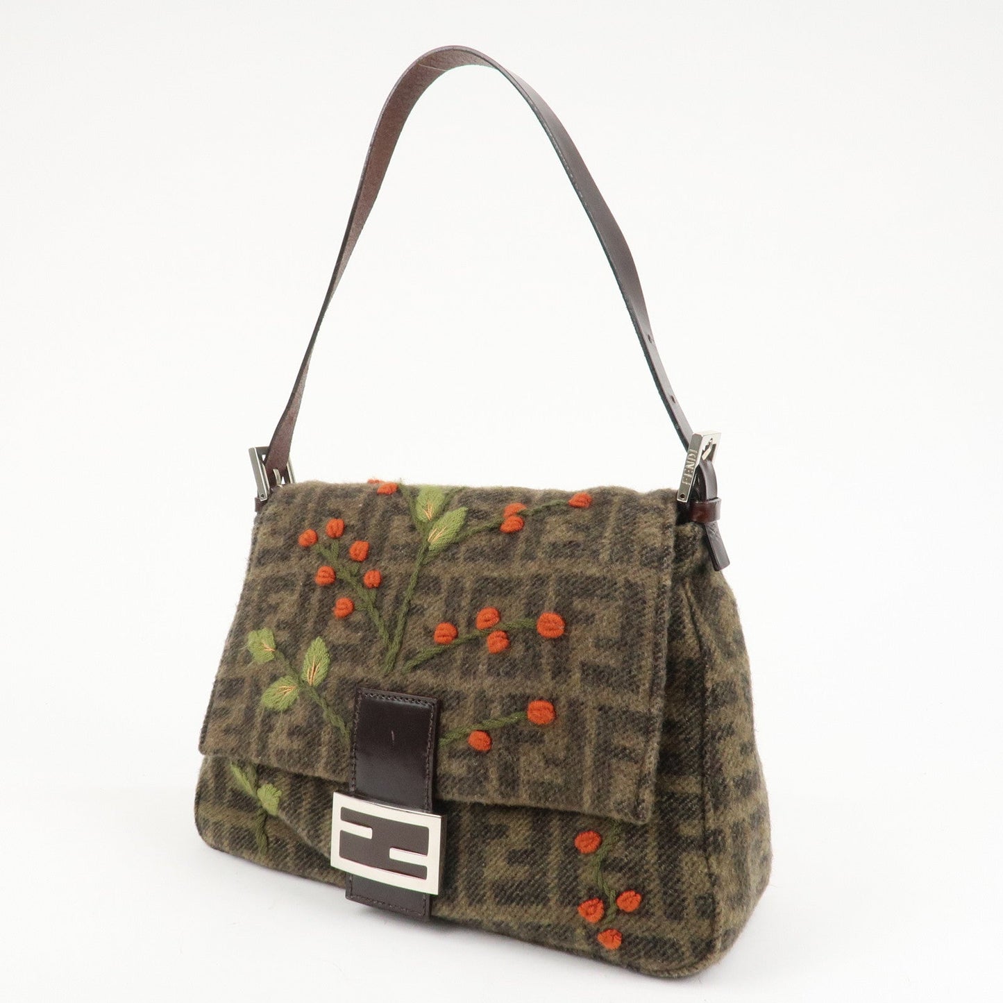 FENDI Mamma Baguette Zucca Wool Leather Shoulder Bag Flower
