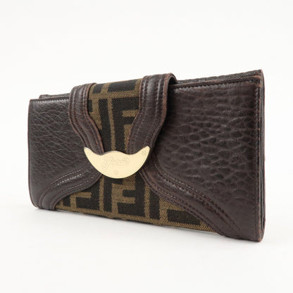 FENDI Zucca Canvas Leather W Hook Bifold Long Wallet 8N0032