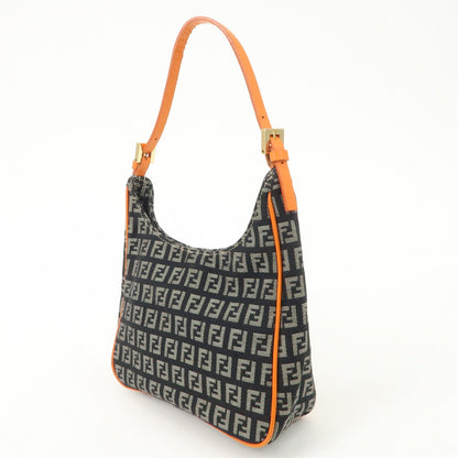 FENDI Zucchino Canvas Leather Shoulder Bag Black White 8BR157