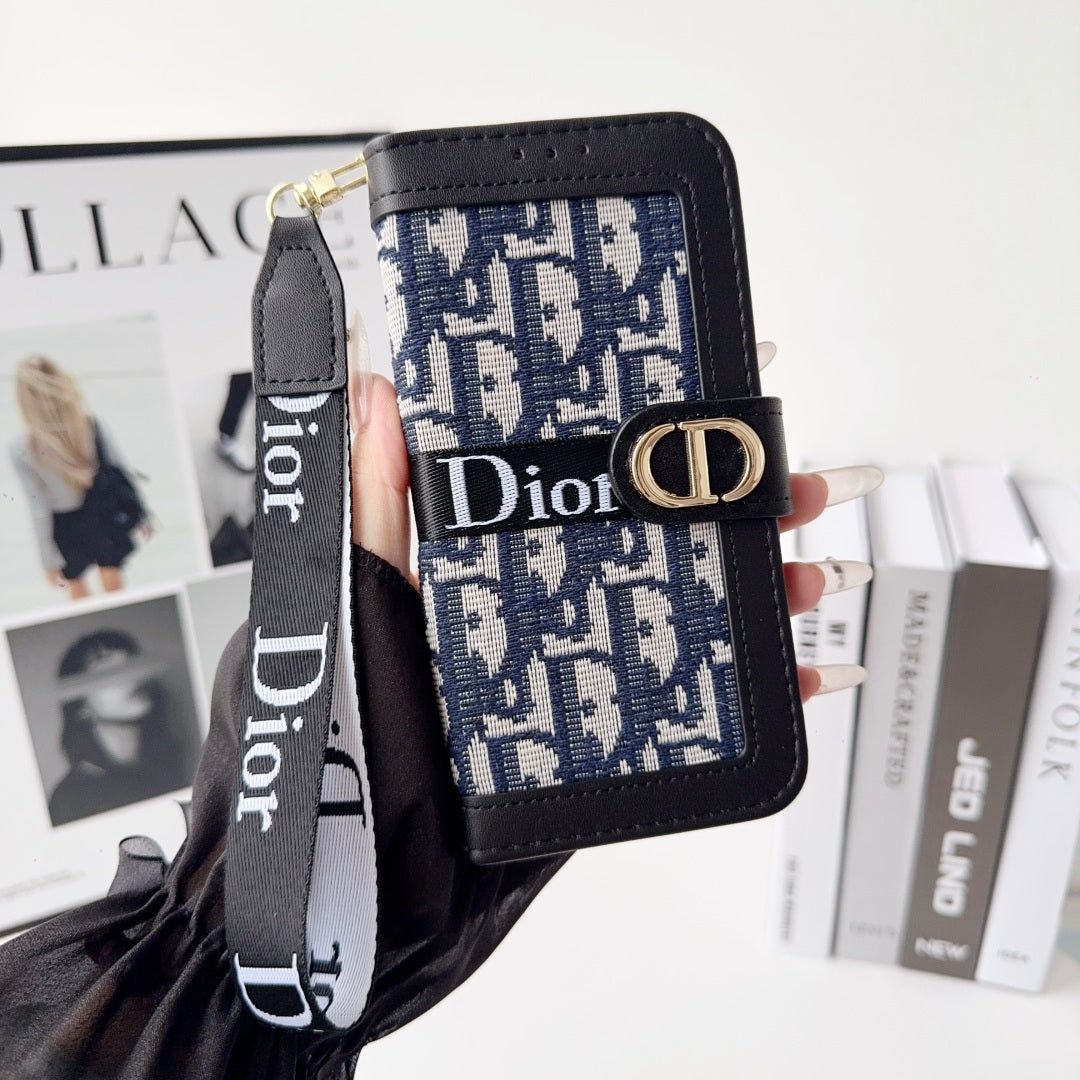 Dior Oblique Monogram Flip Wallet Phone Case With Brand Wrist Strap