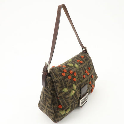 FENDI Mamma Baguette Wool Leather Shoulder Bag Tree Motif Khaki