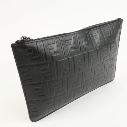 FENDI Zucca Leather Clutch Bag Hand Bag Black 7N0078