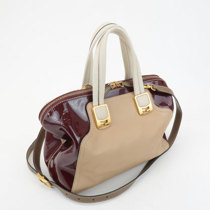 FENDI Chameleon Leather 2WAY Bag Hand Bag Beige Bordeaux 8BL114