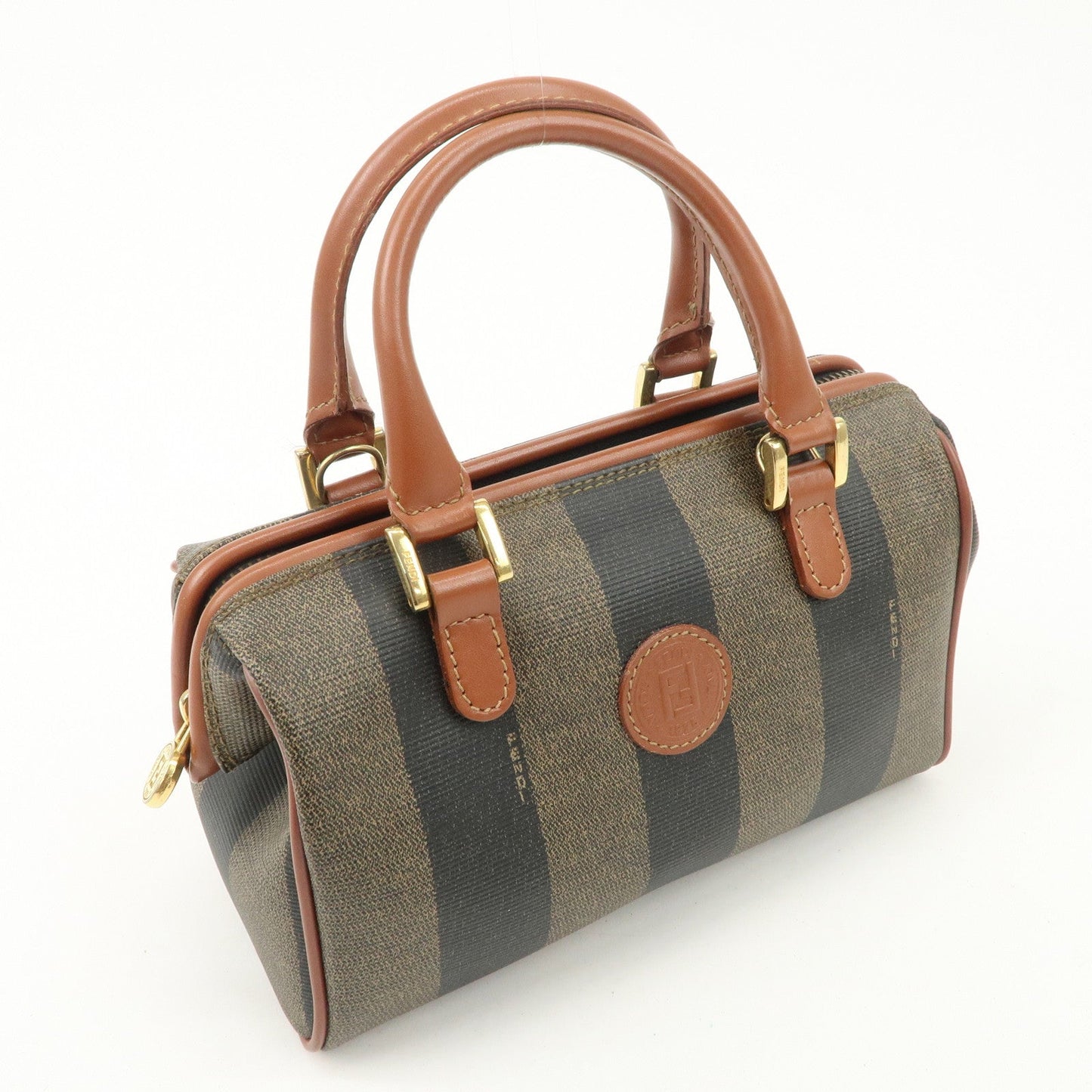 FENDI Pequin PVC Leather 2Way Mini Boston Bag Brown Black