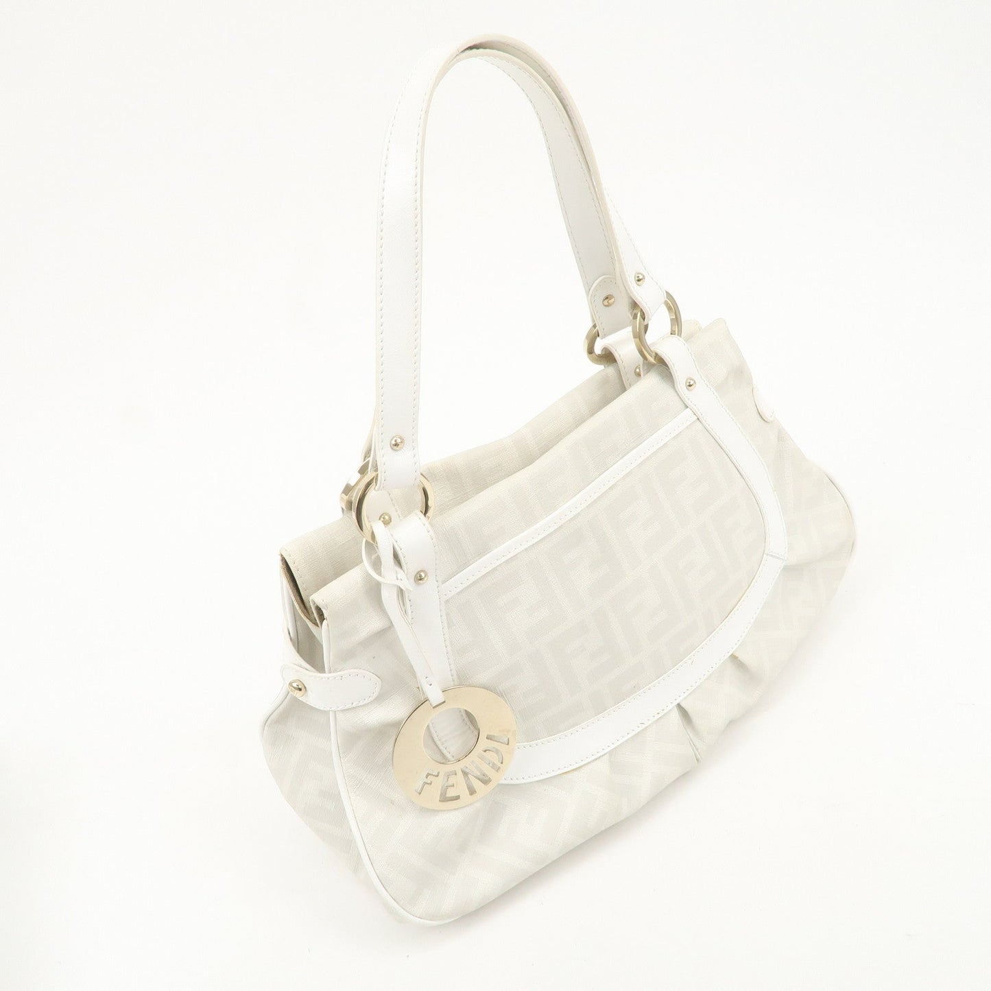 FENDI Zucca PVC Leather Shoulder Bag White Gold Hardware 8BR628