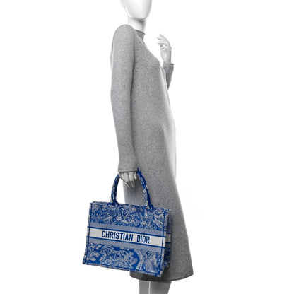 Christian Dior Canvas Embroidered Medium Dioriviera Toile De Jouy Book Tote Fluorescent Blue