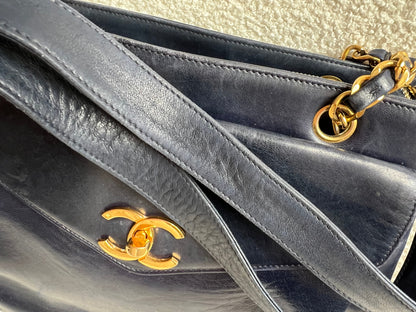 Chanel Vintage Navy Lambskin Chain Tote with 24k Gold Hardware