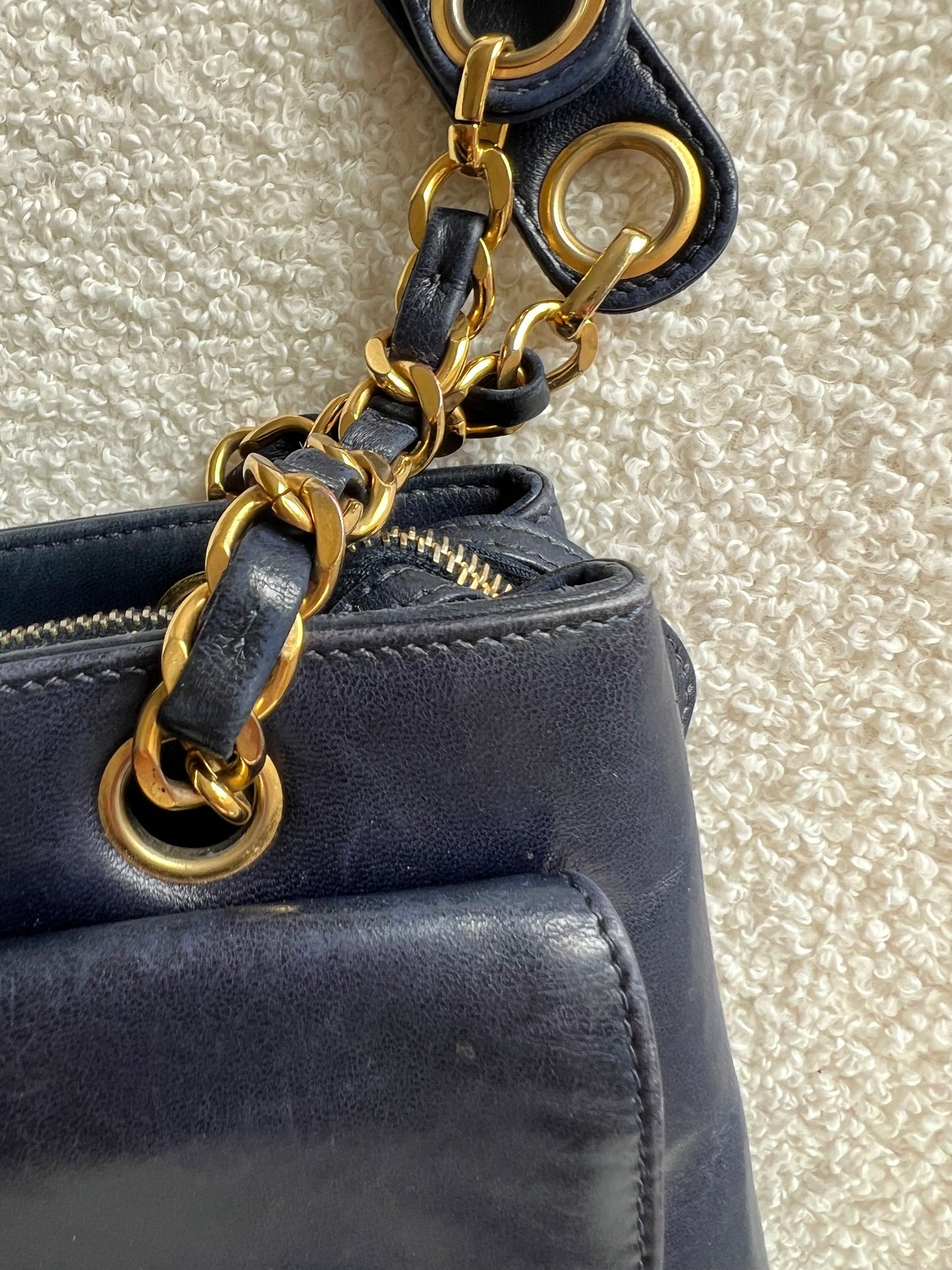 Chanel Vintage Navy Lambskin Chain Tote with 24k Gold Hardware