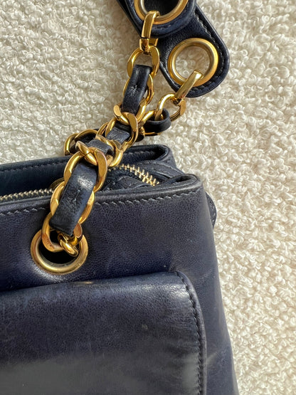 Chanel Vintage Navy Lambskin Chain Tote with 24k Gold Hardware