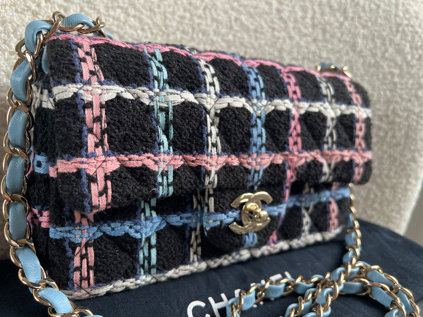 Chanel Classic Quilted Rectangular Mini Flap Bag in Multi Coloured Boucle Tweed and Champagne Gold Hardware (RRP £4390)