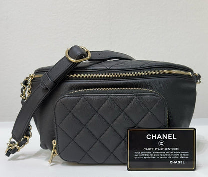 Chanel Black Quilted Caviar Leather Business Affinity Waist Belt Bag 27 holo card