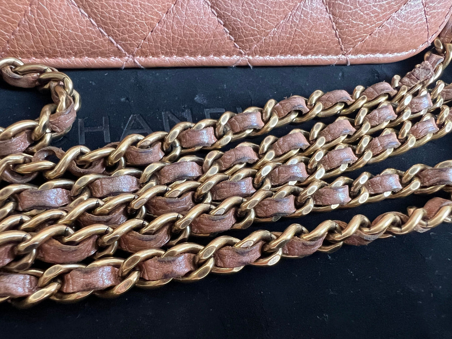 Chanel Dark Beige Quilted Caviar Boy Wallet on Chain