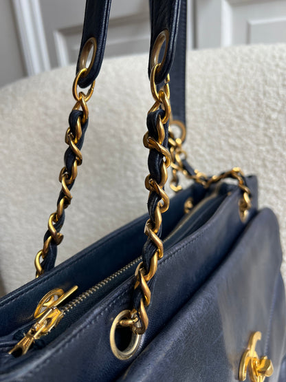 Chanel Vintage Navy Lambskin Chain Tote with 24k Gold Hardware