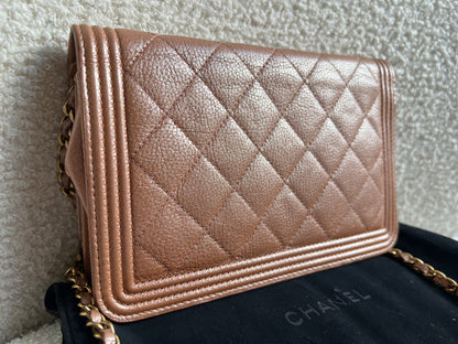 Chanel Dark Beige Quilted Caviar Boy Wallet on Chain