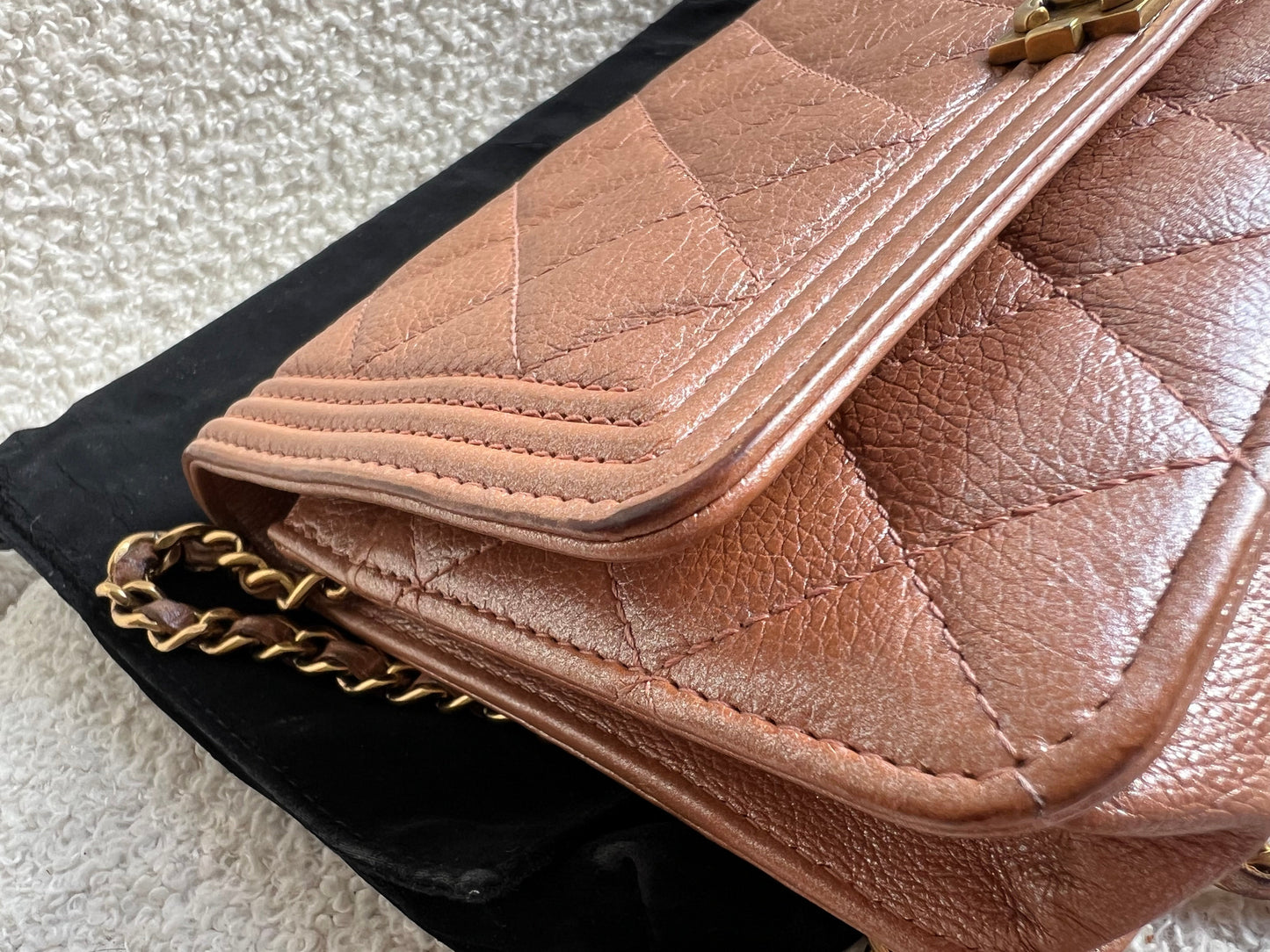 Chanel Dark Beige Quilted Caviar Boy Wallet on Chain
