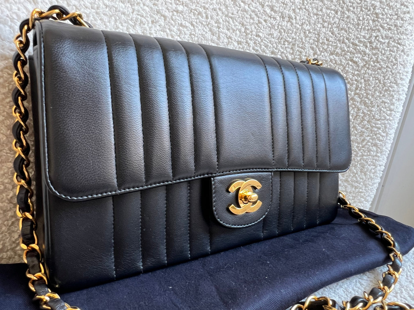 Chanel Medium Black Vertical Quilted Lambskin Vintage Classic Flap Bag with 24K gold hardware