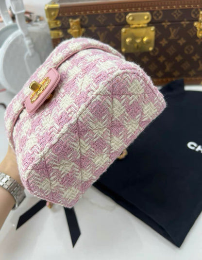 Chanel 23S Top Handle Bag In Pink Tweed Houndstooth Gold Hardware