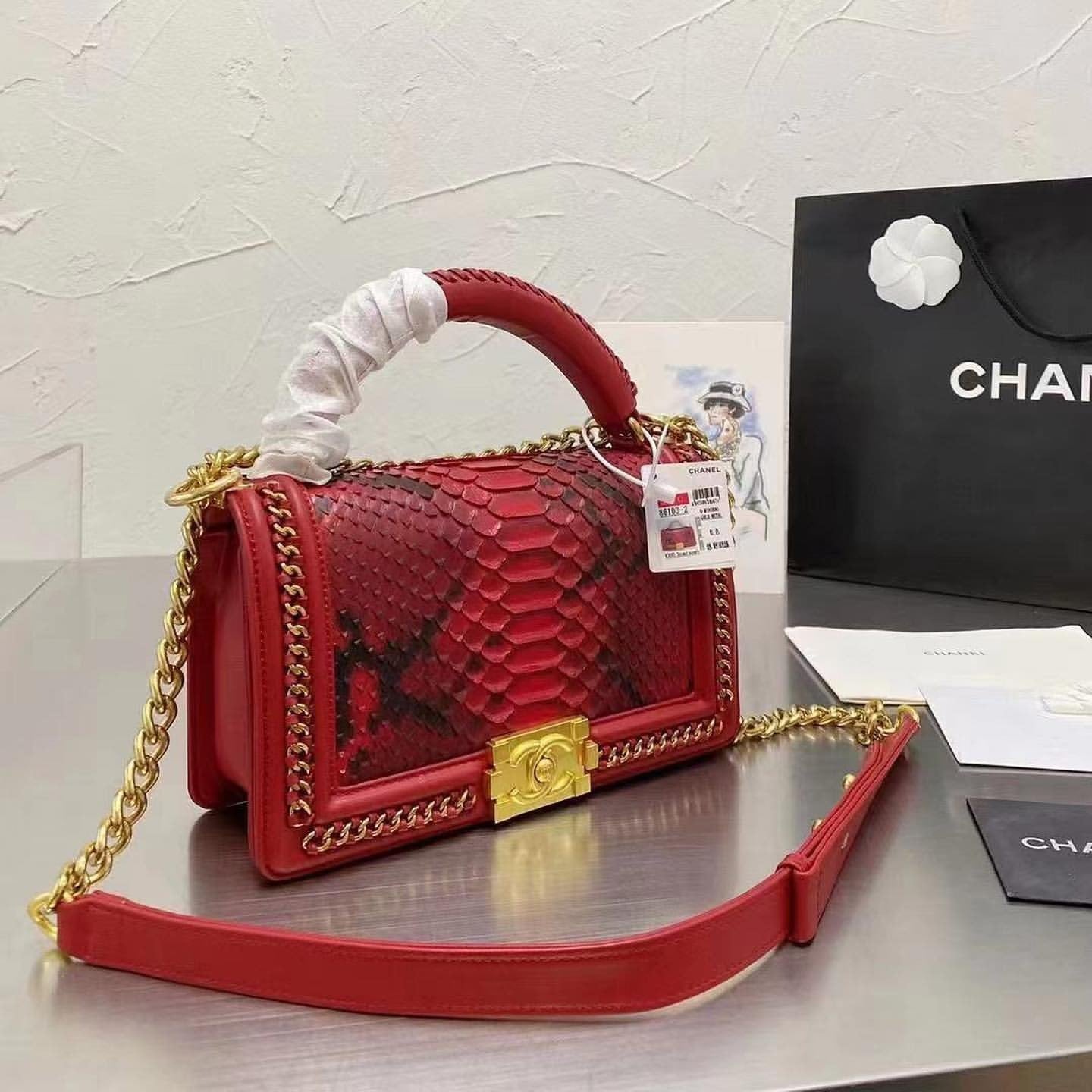Chanel Boy Crocodile Looks HandBag Red