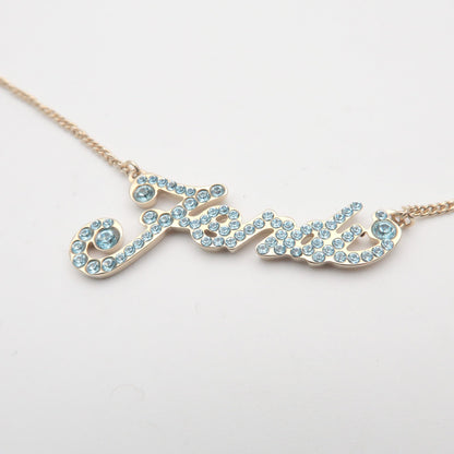 FENDI Logo Metal Rhinestone Necklace Gold Light Blue