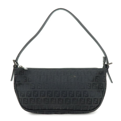 FENDI Zucchino Canvas Leather Shoulder Bag Hand Bag Black