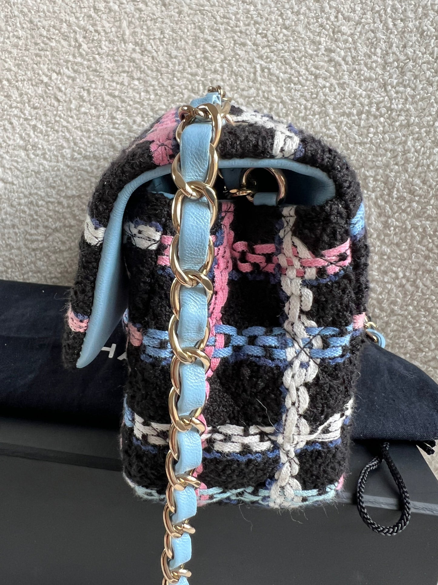 Chanel Classic Quilted Rectangular Mini Flap Bag in Multi Coloured Boucle Tweed and Champagne Gold Hardware (RRP £4390)
