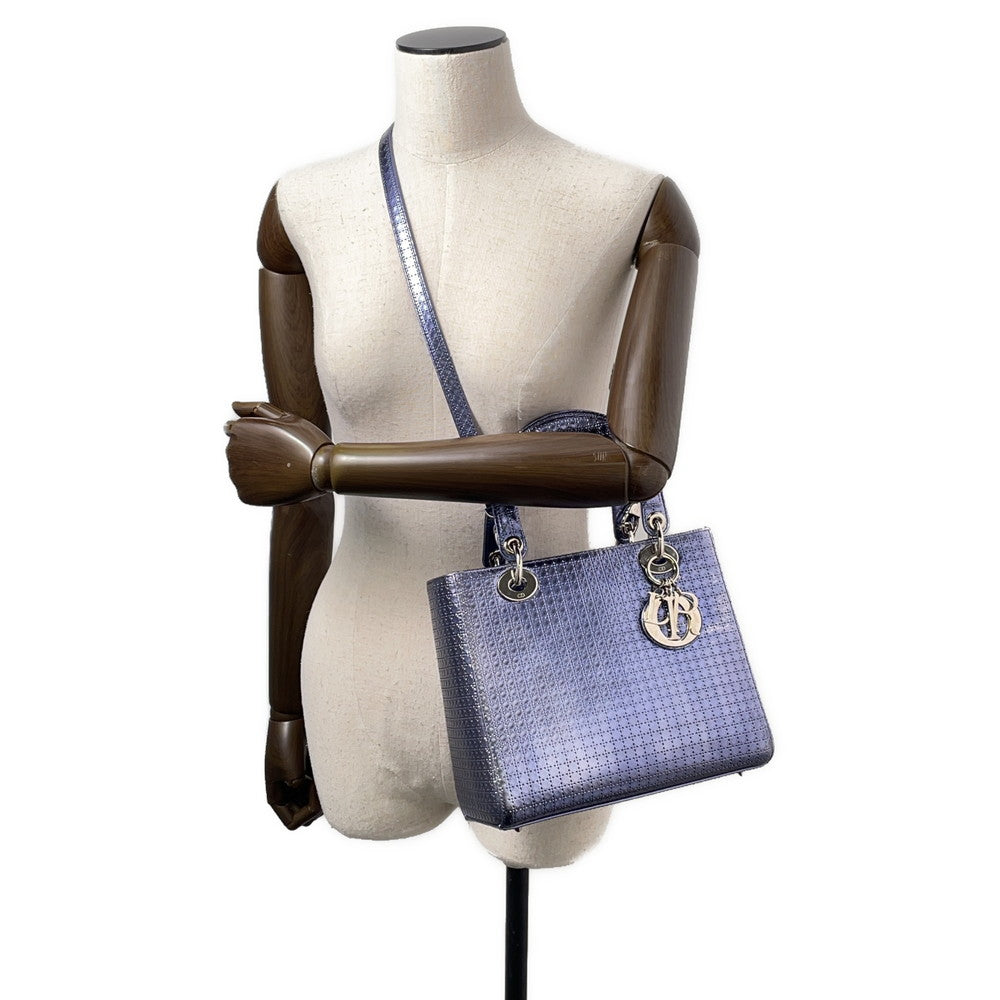 Dior Lady Dior 2WAY Handbag MetalicPurple Leather Size Medium