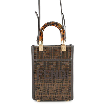 FENDI Zucca Sunshine Shopper 2-Way Handbag Brown8BS051 Canvas Leather Sequins