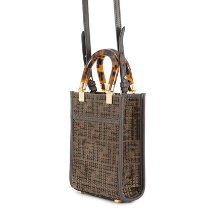 FENDI Zucca Sunshine Shopper 2-Way Handbag Brown8BS051 Canvas Leather Sequins