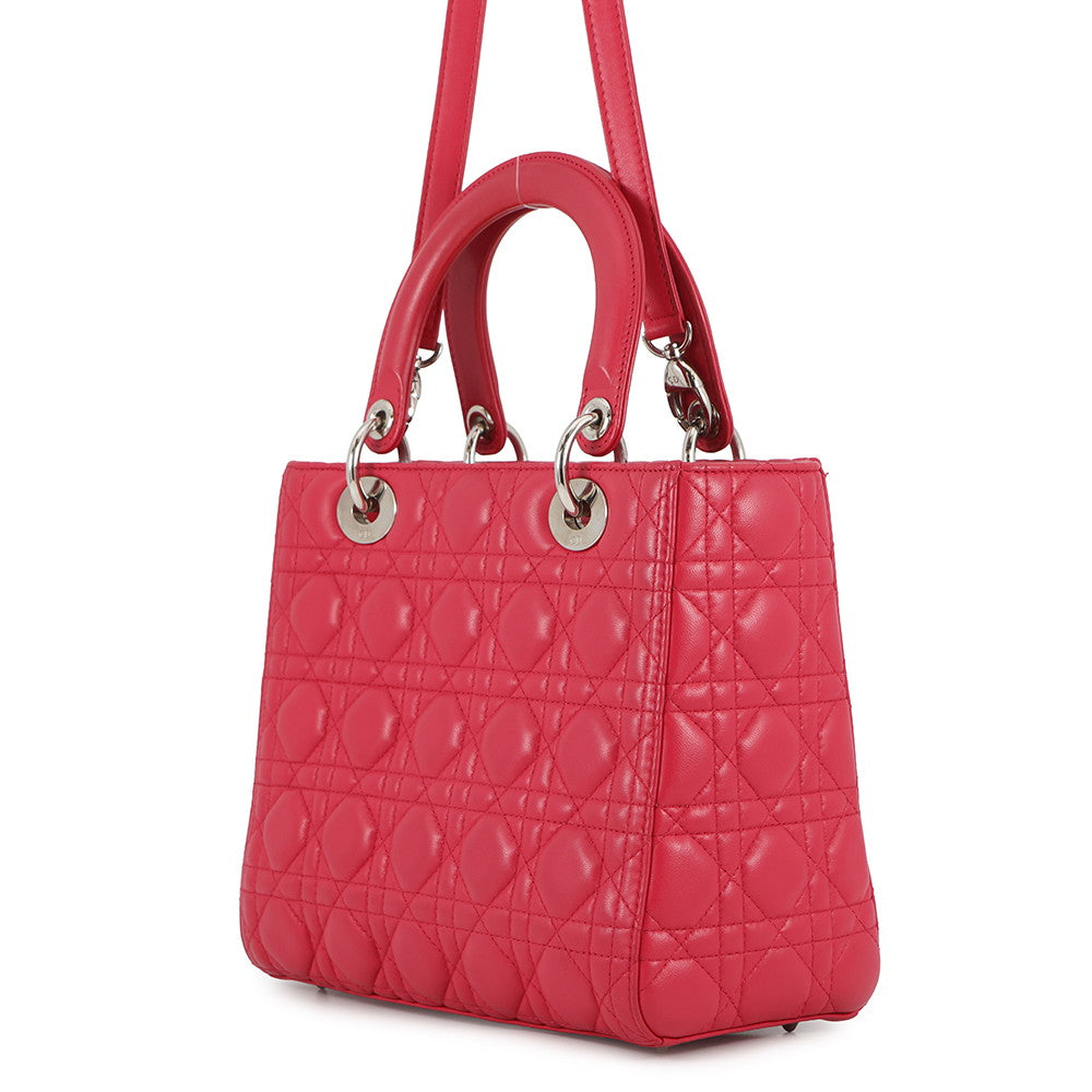 Dior Lady Dior Cannage 2Way Handbag Pink Leather Size Medium