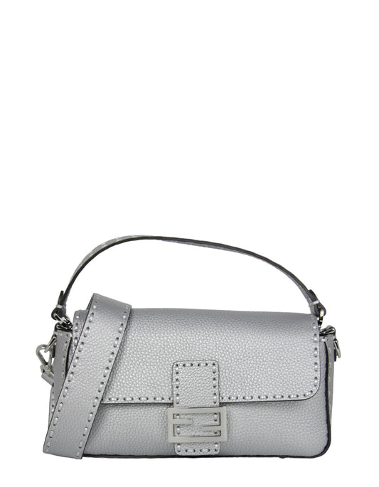 Fendi Silver Selleria Leather Baguette Bag w/ Oversized Topstitching