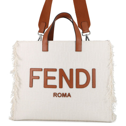 FENDI Logo 2WAY Tote Bag White/Brown7VA591 Canvas Leather
