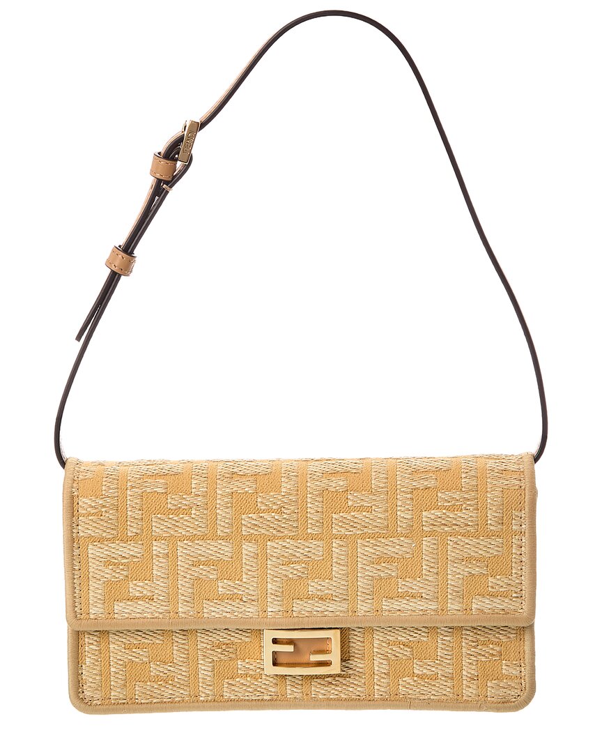 Fendi Baguette Ff Jacquard Raffia & Leather Wallet On Chain