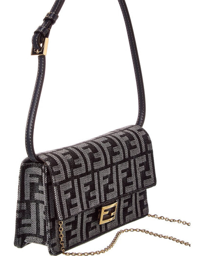 Fendi Baguette Ff Denim & Leather Wallet On Chain