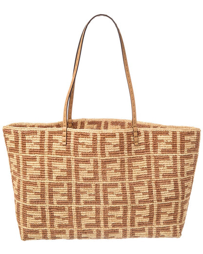 Fendi Roll Large Ff Raffia Tote, Beige