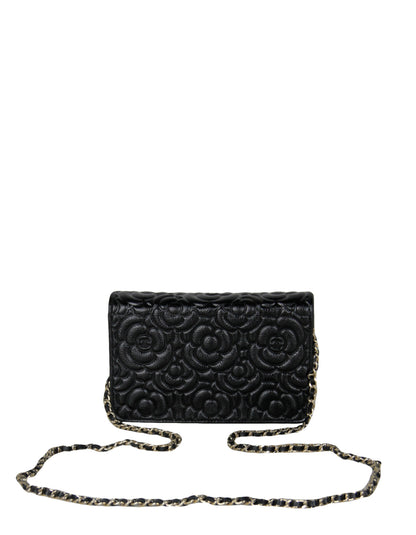 Chanel Black Caviar Camellia Wallet on Chain WOC Crossbody Bag