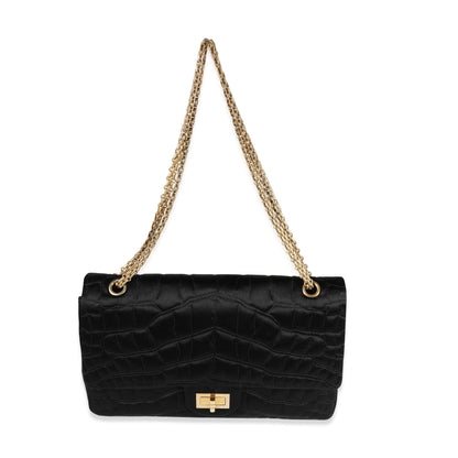 Chanel Black Crocodile Stitch Satin Reissue 2.55 227 Double Flap Bag