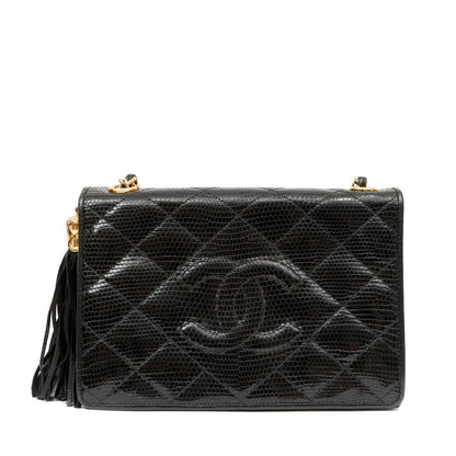Chanel Vintage Black Lizard Crossbody Tassel Bag