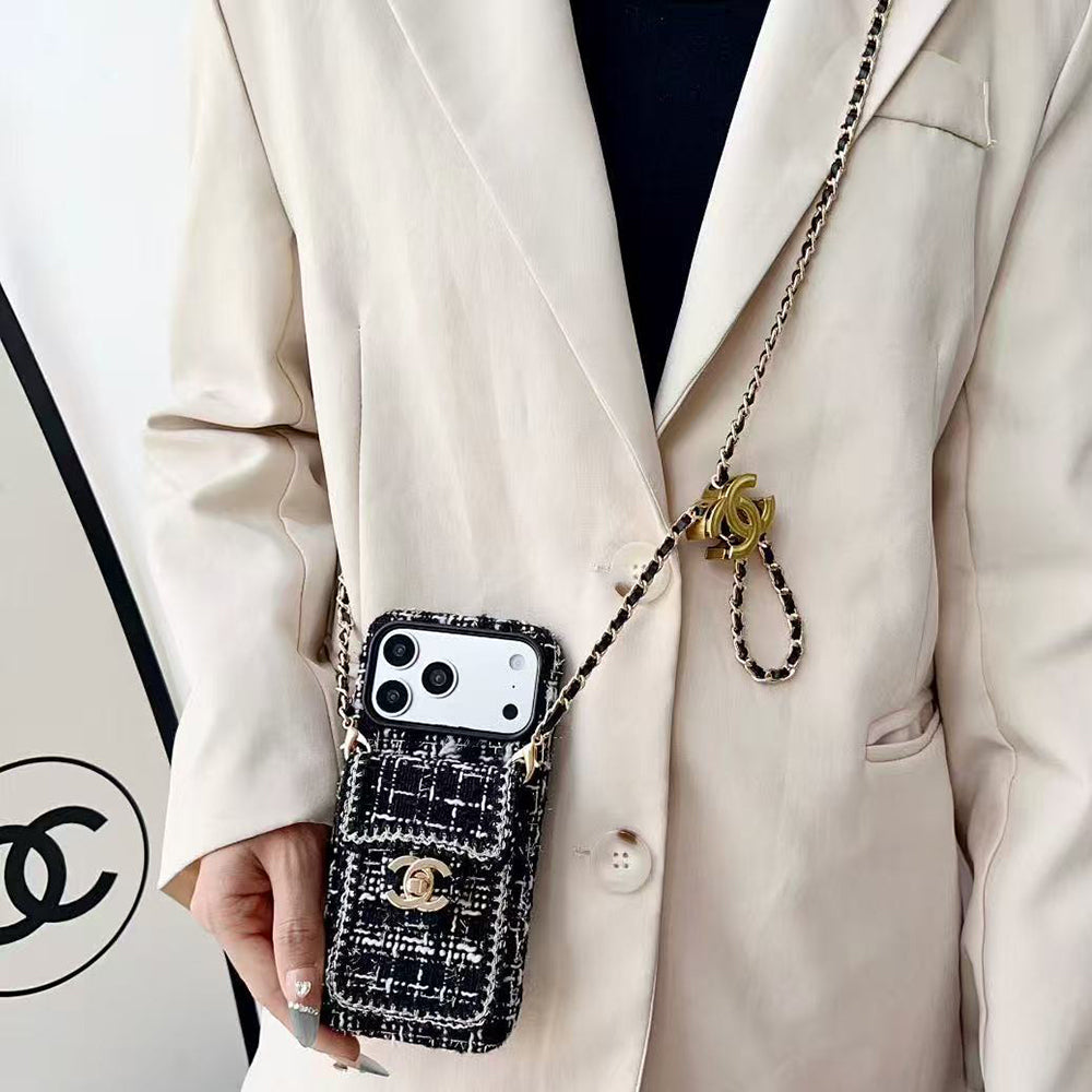 Chanel Style Tweed Quilted Card Holder Wallet Luxury Phone Case