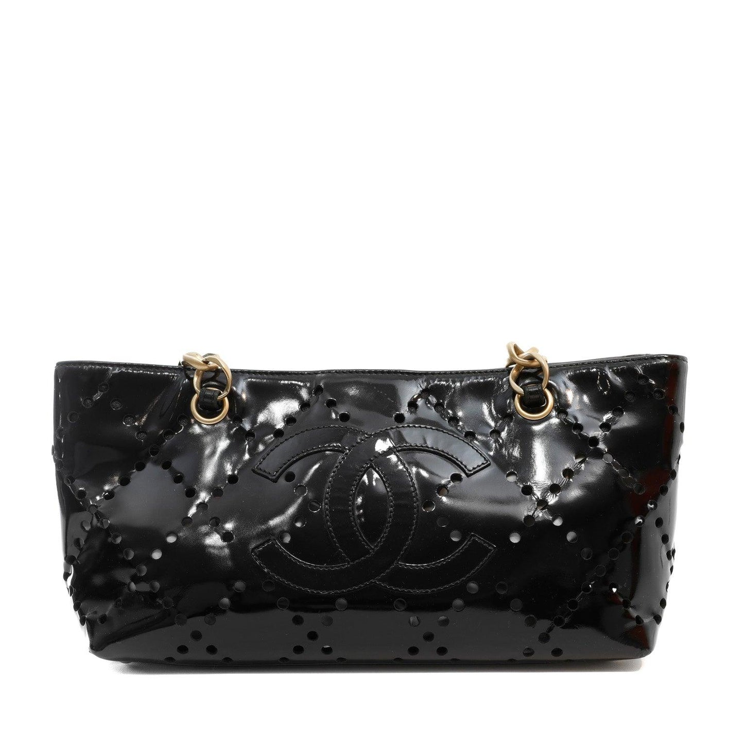 Chanel Black Patent Leather Perforated CC Tote