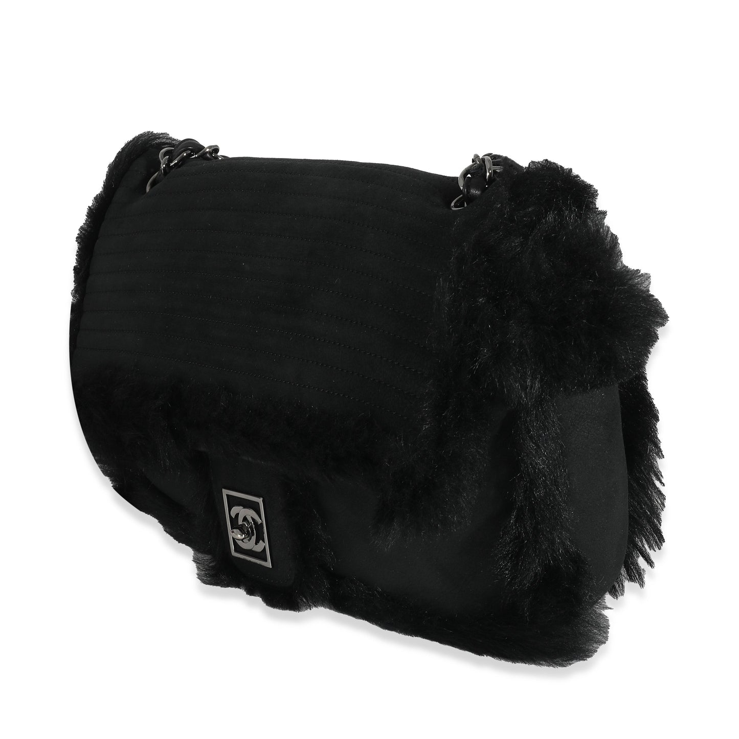 Chanel Black Horizontal Stitch Shearling CC Flap Bag