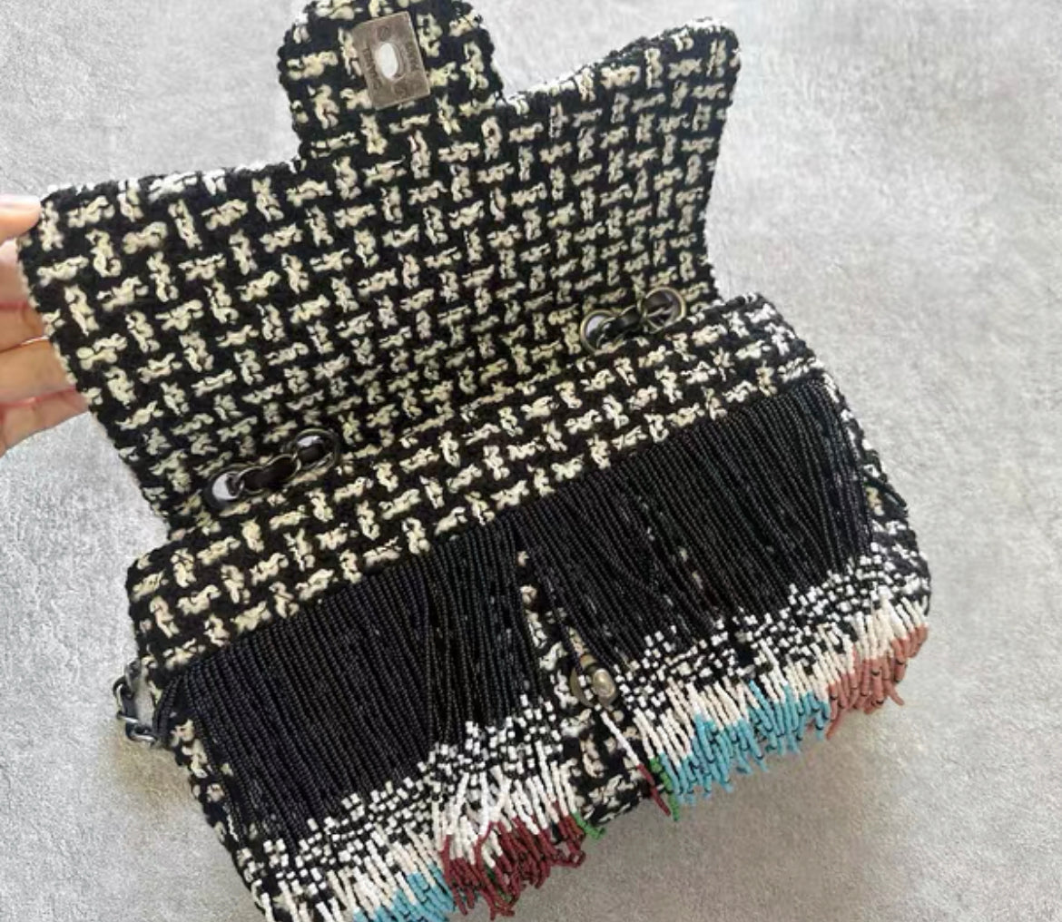 Chanel Dallas Metiers D'Art 2014 Multi Color Beaded Fringe Rare Tweed Classic Flap Shoulder Bag