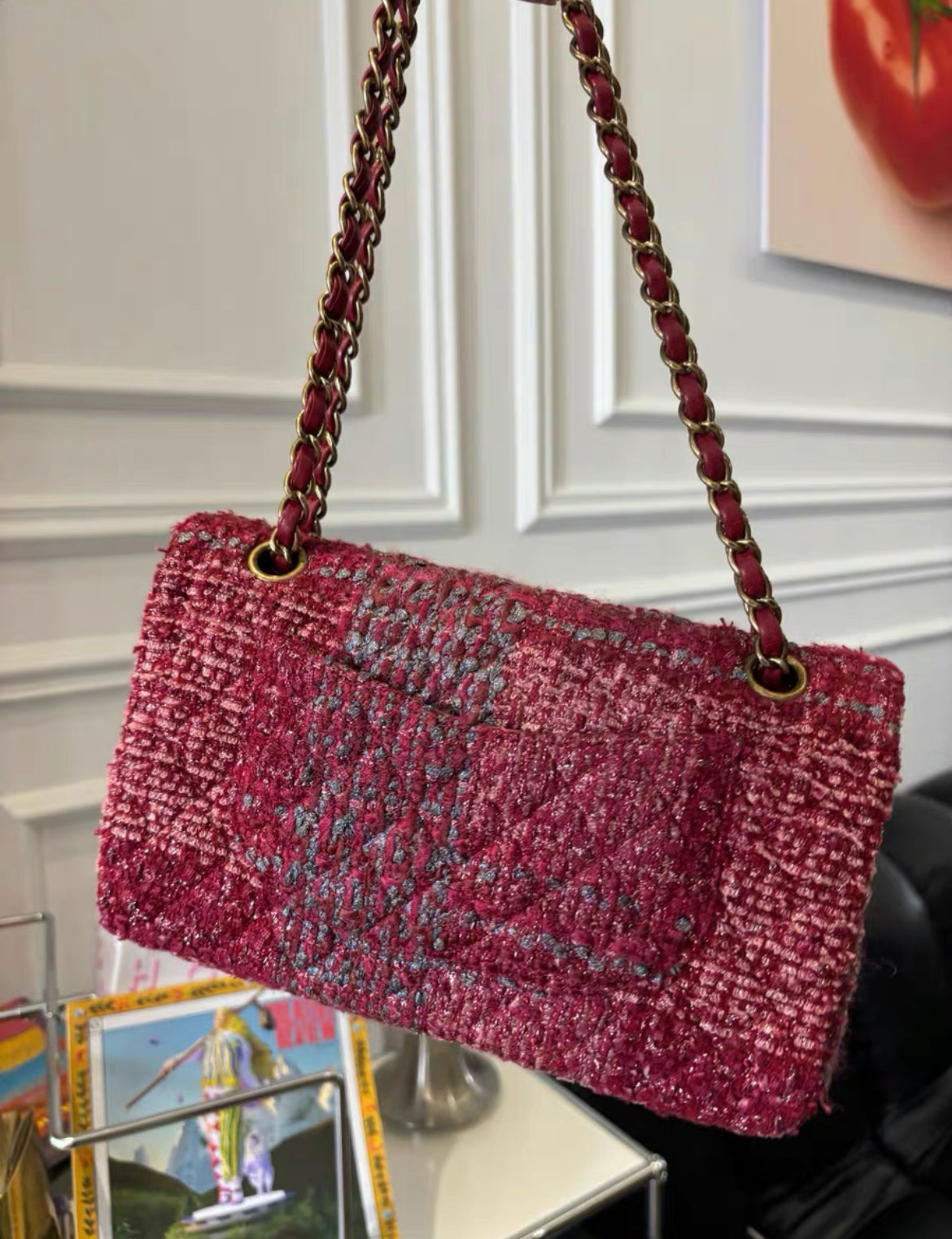 Chanel Burgundy Red And Multicolor Tweed Medium Classic Flap Bag Gold Hardware Rare Model