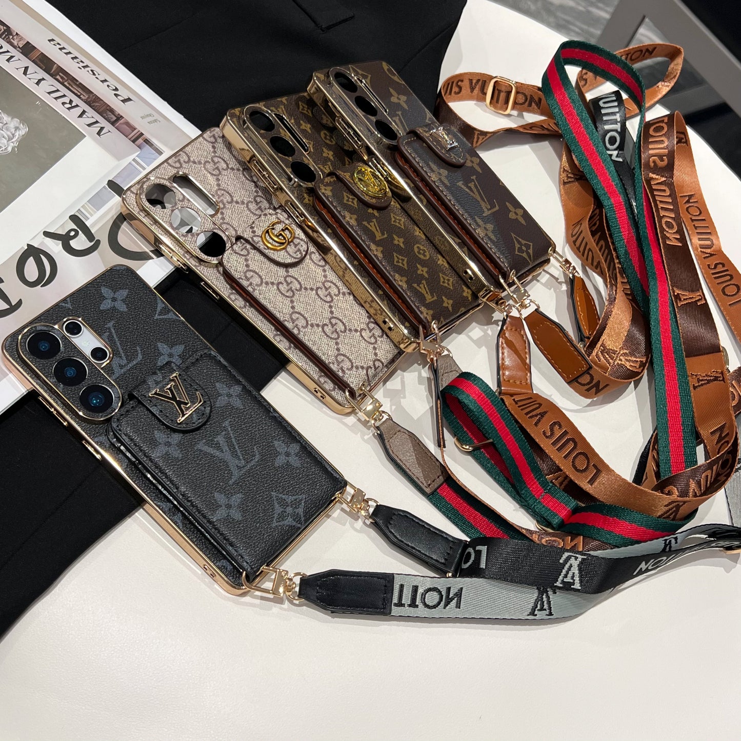 Luxury Monogram Crossbody Phone Case with Card Pocket and Shoulder Strap