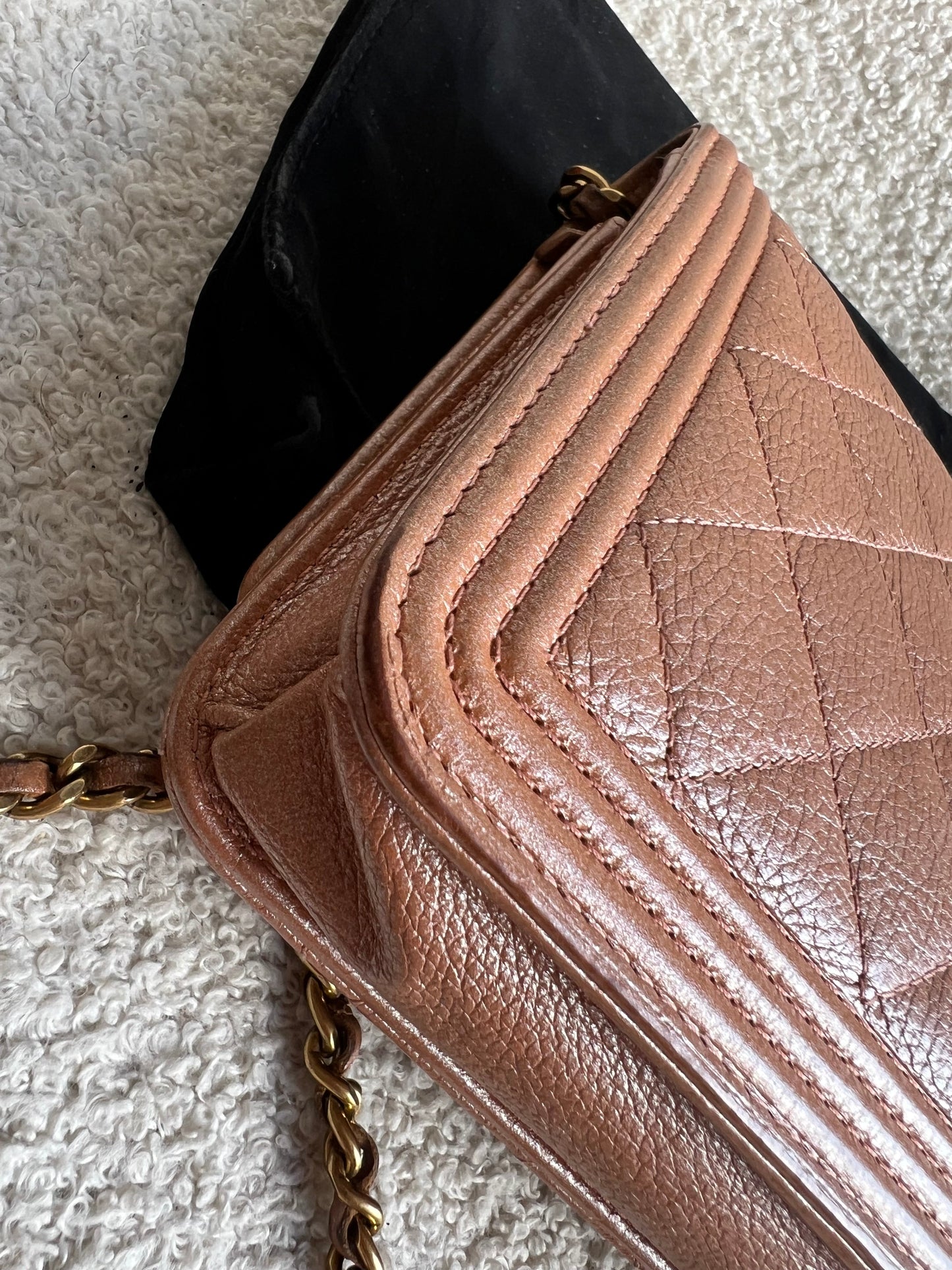 Chanel Dark Beige Quilted Caviar Boy Wallet on Chain
