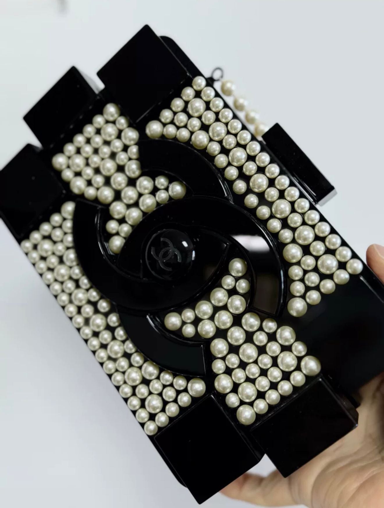 Chanel Runway White Pearl And Black Lego Clutch